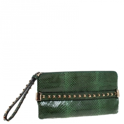 Pre Owned Valentino Green Python Rockstud Wristlet Clutch