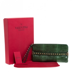 Pre Owned Valentino Green Python Rockstud Wristlet Clutch