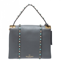 Pre Owned Valentino Grey Leather Rockstud Rolling Top Handle Bag