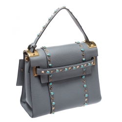 Pre Owned Valentino Grey Leather Rockstud Rolling Top Handle Bag