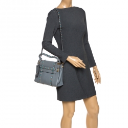 Pre Owned Valentino Grey Leather Rockstud Rolling Top Handle Bag