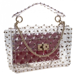 Pre Owned Valentino Clear/Red PVC Rockstud Spike Top Handle Bag