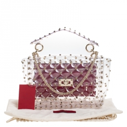Pre Owned Valentino Clear/Red PVC Rockstud Spike Top Handle Bag