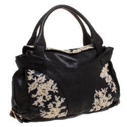 Pre Owned Valentino Black Leather and Lace Embroidered Satchel