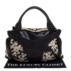 Pre Owned Valentino Black Leather and Lace Embroidered Satchel