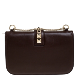 Pre Owned Valentino Dark Brown Leather Medium Rockstud Glam Lock Flap Bag