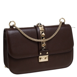 Pre Owned Valentino Dark Brown Leather Medium Rockstud Glam Lock Flap Bag