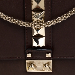 Pre Owned Valentino Dark Brown Leather Medium Rockstud Glam Lock Flap Bag