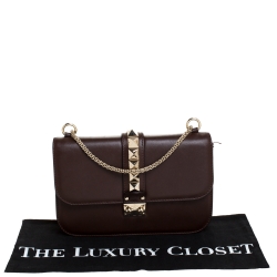 Pre Owned Valentino Dark Brown Leather Medium Rockstud Glam Lock Flap Bag