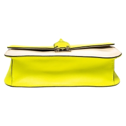Pre Owned Valentino Neon Green/Cream Leather Rockstud Medium Glam Lock Flap Bag