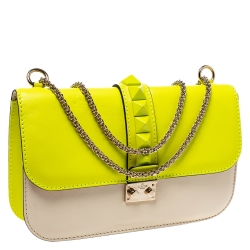 Pre Owned Valentino Neon Green/Cream Leather Rockstud Medium Glam Lock Flap Bag