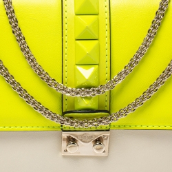 Pre Owned Valentino Neon Green/Cream Leather Rockstud Medium Glam Lock Flap Bag