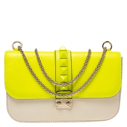 Pre Owned Valentino Neon Green/Cream Leather Rockstud Medium Glam Lock Flap Bag