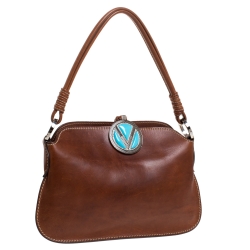 Pre Owned Valentino Brown Leather V Ring Shoulder Bag