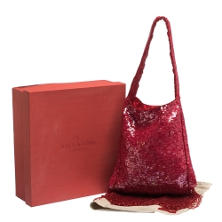 Pre Owned Valentino Red Sequins Beaded Tassel Shoulder Bag