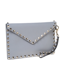 Valentino Grey Leather Rockstud Envelope Wristlet Clutch