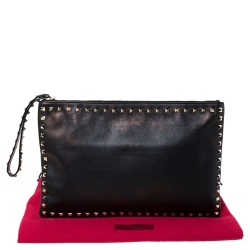 Pre Owned Valentino Black Leather Rockstud Large Wristlet Pouch