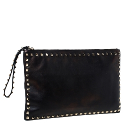 Pre Owned Valentino Black Leather Rockstud Large Wristlet Pouch