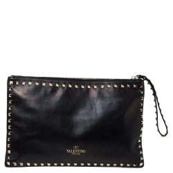Pre Owned Valentino Black Leather Rockstud Large Wristlet Pouch