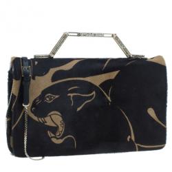 Pre Owned Valentino Black Calf Hair Rockstud Panther Print Hand Bag