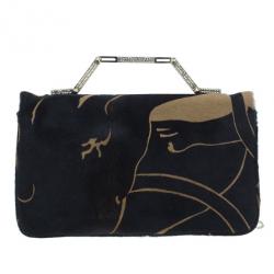 Pre Owned Valentino Black Calf Hair Rockstud Panther Print Hand Bag