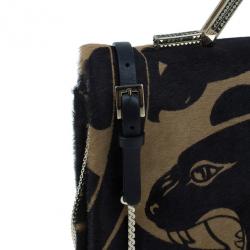 Pre Owned Valentino Black Calf Hair Rockstud Panther Print Hand Bag