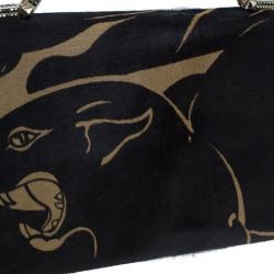 Pre Owned Valentino Black Calf Hair Rockstud Panther Print Hand Bag