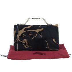 Pre Owned Valentino Black Calf Hair Rockstud Panther Print Hand Bag