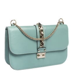 Pre Owned Valentino Mint Green Leather Rockstud Medium Glam Lock Flap Bag