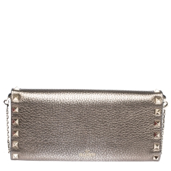 Pre Owned Valentino Metallic Leather Rockstud Wallet on Chain