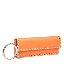 Pre Owned Valentino Neon Orange Leather Rockstud Bracelet Clutch