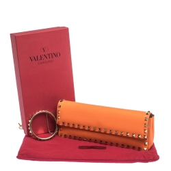 Pre Owned Valentino Neon Orange Leather Rockstud Bracelet Clutch