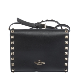 Pre Owned Valentino Black Leather Small Rockstud Flap Crossbody Bag