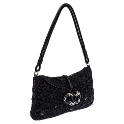 Pre Owned حقيبة هوبو فالنتينو قلاب حلقة حرف فى قماش كروشيت مزخرفة سوداء 