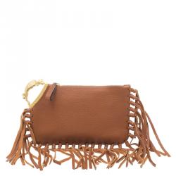 Pre Owned Valentino Brown Leather C Rockee Gryphon Fringe Clutch