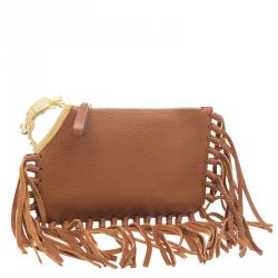 Pre Owned Valentino Brown Leather C Rockee Gryphon Fringe Clutch
