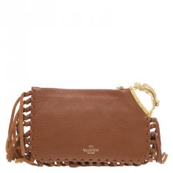 Pre Owned Valentino Brown Leather C Rockee Gryphon Fringe Clutch