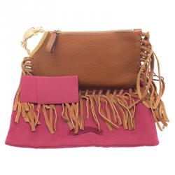 Pre Owned Valentino Brown Leather C Rockee Gryphon Fringe Clutch