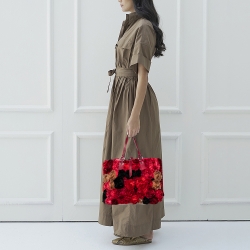 Pre Owned Valentino Red Satin And Leather Applique Flower Shopper Tote