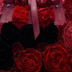 Pre Owned Valentino Red Satin And Leather Applique Flower Shopper Tote