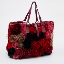 Pre Owned Valentino Red Satin And Leather Applique Flower Shopper Tote