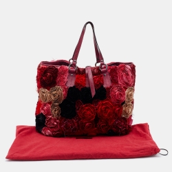 Pre Owned Valentino Red Satin And Leather Applique Flower Shopper Tote
