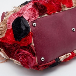 Pre Owned Valentino Red Satin And Leather Applique Flower Shopper Tote