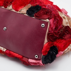 Pre Owned Valentino Red Satin And Leather Applique Flower Shopper Tote