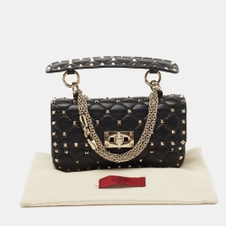 Pre Owned Valentino Black Quilted Leather Small Rockstud Spike Chain Top Handle Bag