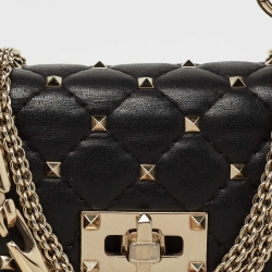 Pre Owned Valentino Black Quilted Leather Small Rockstud Spike Chain Top Handle Bag