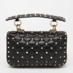 Pre Owned Valentino Black Quilted Leather Small Rockstud Spike Chain Top Handle Bag