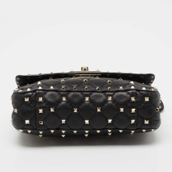 Pre Owned Valentino Black Quilted Leather Small Rockstud Spike Chain Top Handle Bag