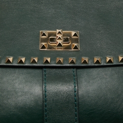 Pre Owned Valentino Dark Green Leather Rockstud Flap Shoulder Bag