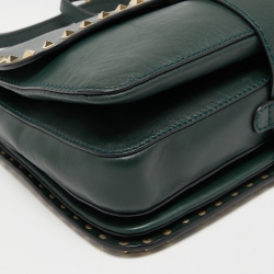 Pre Owned Valentino Dark Green Leather Rockstud Flap Shoulder Bag